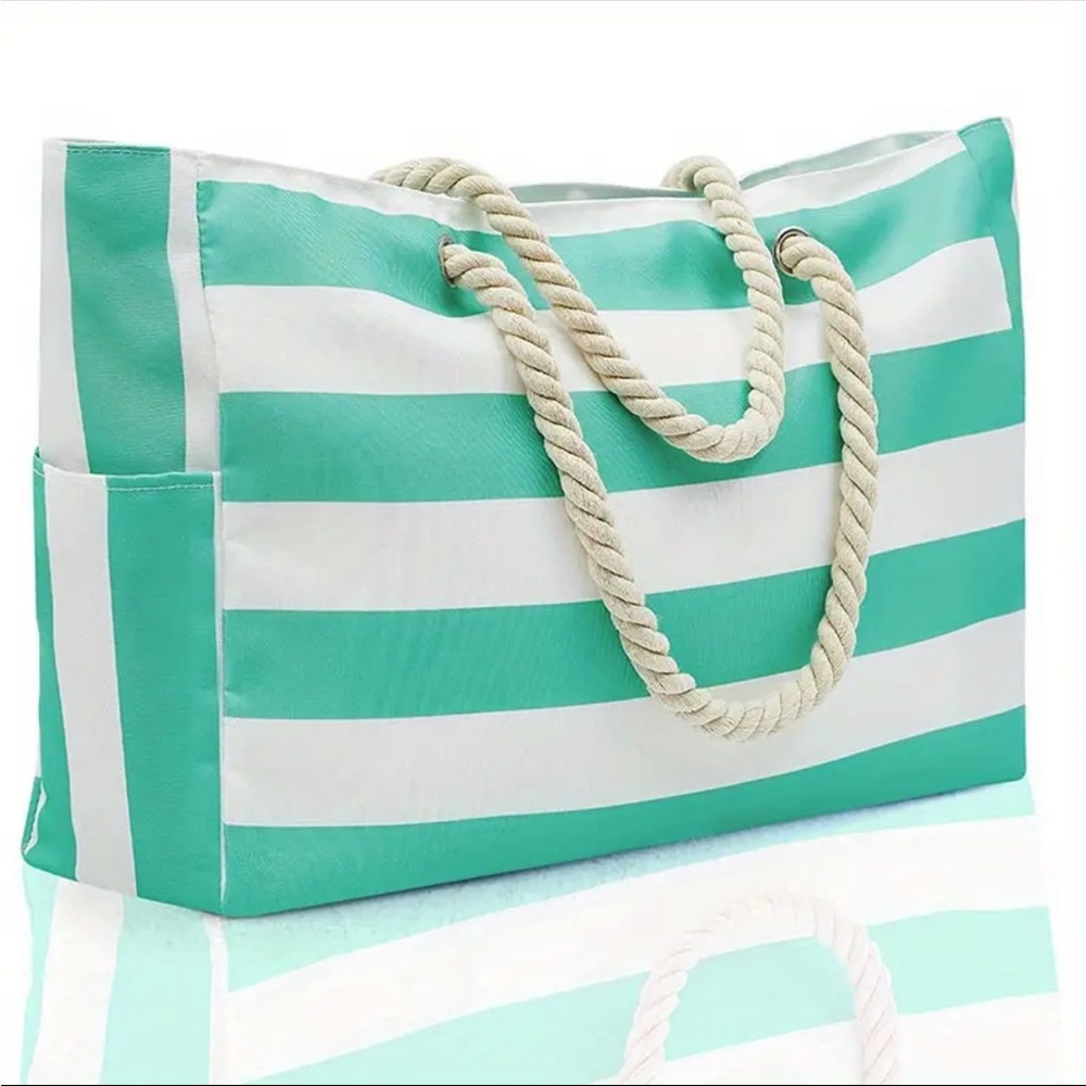 Green and White Striped Shoulder Bag with Rope Handles